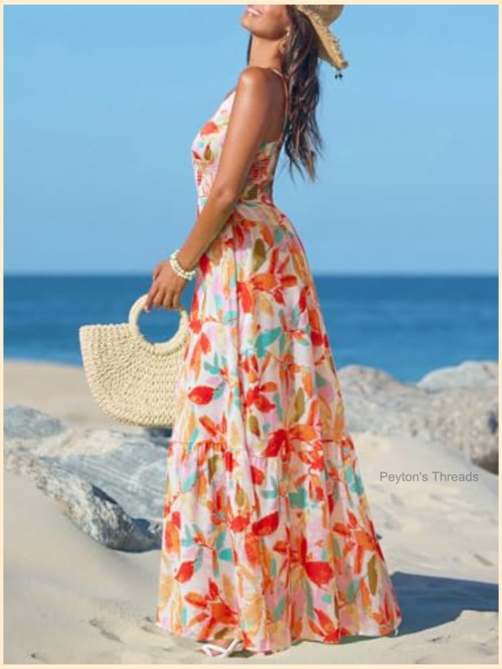 Tropical V-Neck Sleeveless Spaghetti Strap Smocked Waist Maxi Dress - Picture 3 of 5